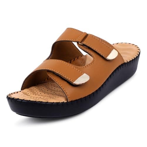TRASE Orthopedic Extra Soft Double Strap Slippers for Women Footwear | Adjustable Strap Cushioned Wedges Doctor Sandals | Comfortable & Lightweight (TAN, 40 EURO)