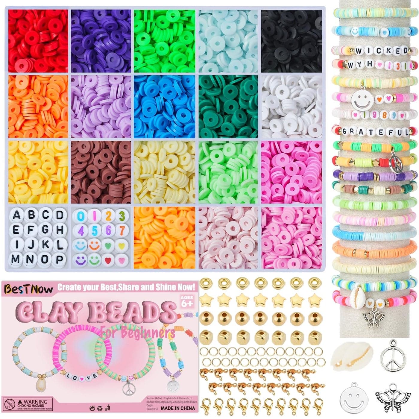BestNow Clay Beads Bracelet Making Kit Toys for Girls Kids Charms Kit 18 Colors Friendship Bracelet Kit Letter Beads DIY Crafts Teen Girl Gifts Toys for Ages 6 7 8 9 10 11 12