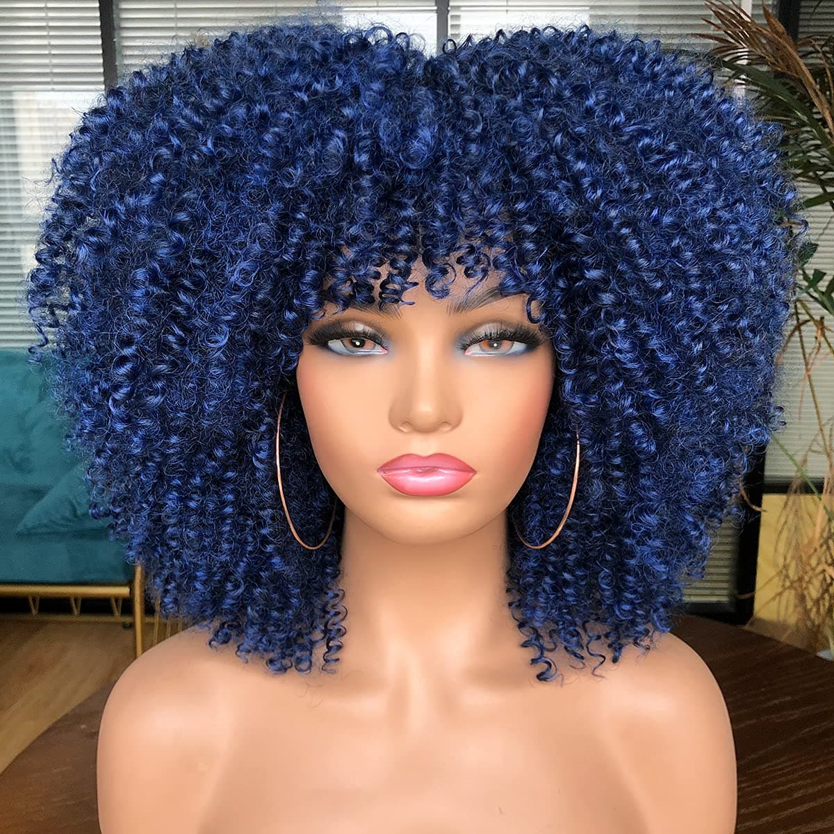 RunM Short Curly Afro Wig With Bangs for Black Women Kinky Curly Hair Wig Afro Synthetic Full WigsBlue