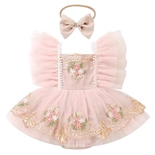 ODASDO Dresses for Baby Girls 1st First Birthday Party Dress Newborn Fairy Tulle Tutu Bubble Romper Toddler Kids Floral Embroidery Bodysuit One Year Old Cake Smash Outfit Photo Shooting Pink 12-18M
