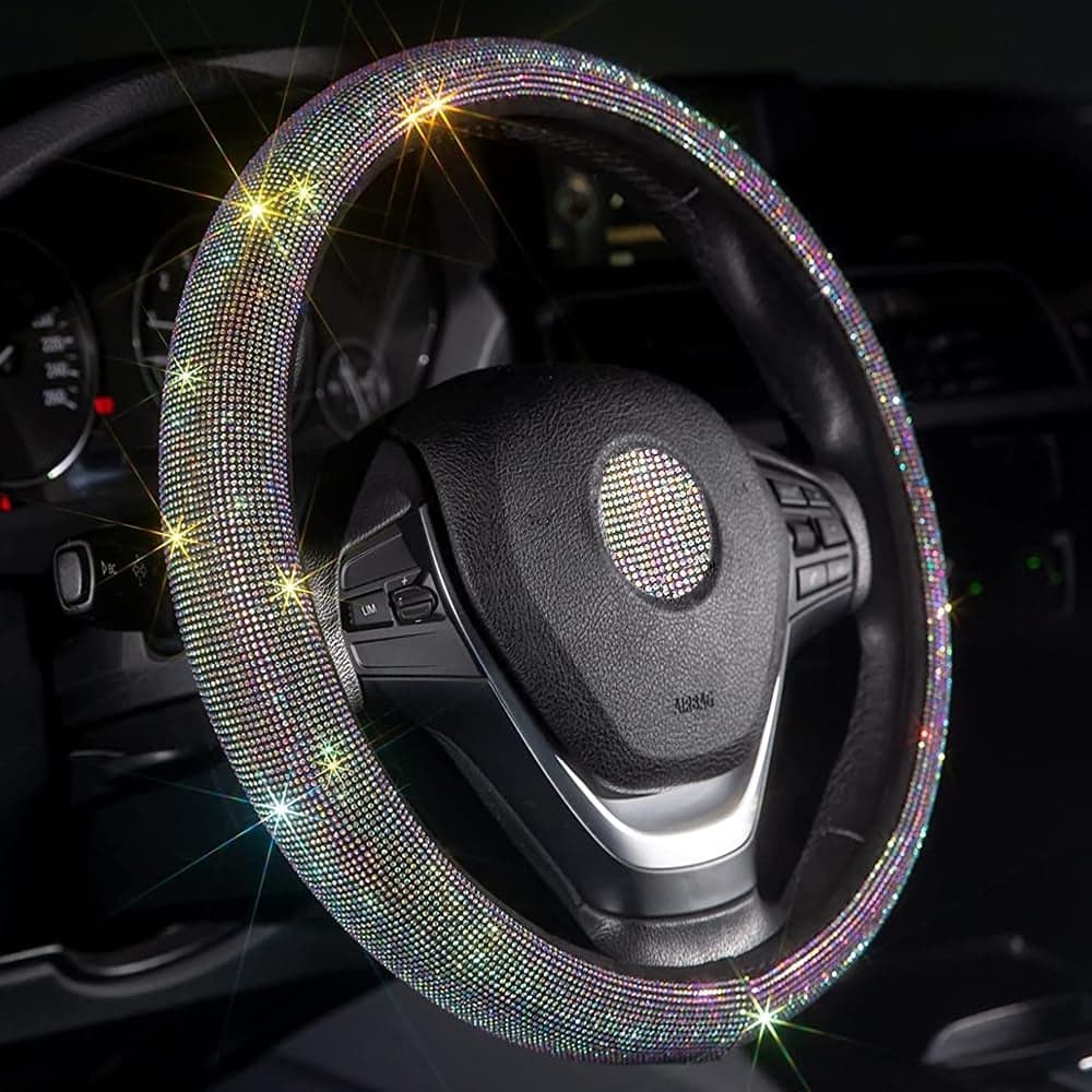 Carwales Car Bling Steering Wheel Cover for Women Girls 15 Inch Universal Colorful Crystal Rhinestone Diamond Rainbow Bling Accessories Anti Slip Wheel Protector Sparkling Black