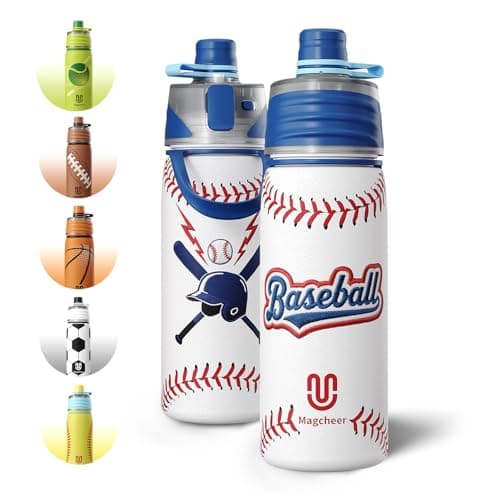 Magcheer Baseball Water Bottle - 20oz Insulated Misting Water Bottles Stainless Steel 3D Textured - Baseball Accessories Gift for Kids