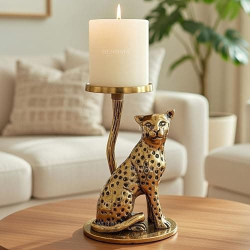 BEHOMA Aluminium Brass Finish Jaguar Pillar Candle Holder Statue | Tabletop Home Decor Showpiece Housewarming & Valentine’s Gift for Men | Wedding & Anniversary Decorative | Gold (Candle Not Included)