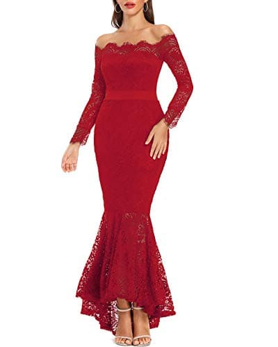 LALAGEN Women's Floral Lace Long Sleeve Off Shoulder Wedding Mermaid Dress Red XL-R-1111