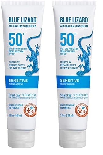 BLUE LIZARD Sensitive Mineral Sunscreen with Zinc Oxide 50 Water Resistant UVAUVB Protection with Smart Cap Technology Fragrance Free Sensitve SPF 50 Tube Unscented 5 Fl Oz Pack of 2