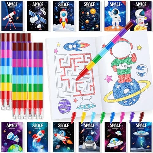 BenLouis 24 Outer Space Mini Coloring Books Kids with 24 Stacking Crayons Astronaut Party Favors Activity Books Bulk for Kids Solar System Galaxy Alien Goodie Bag Gift Stuffer Classroom Reward