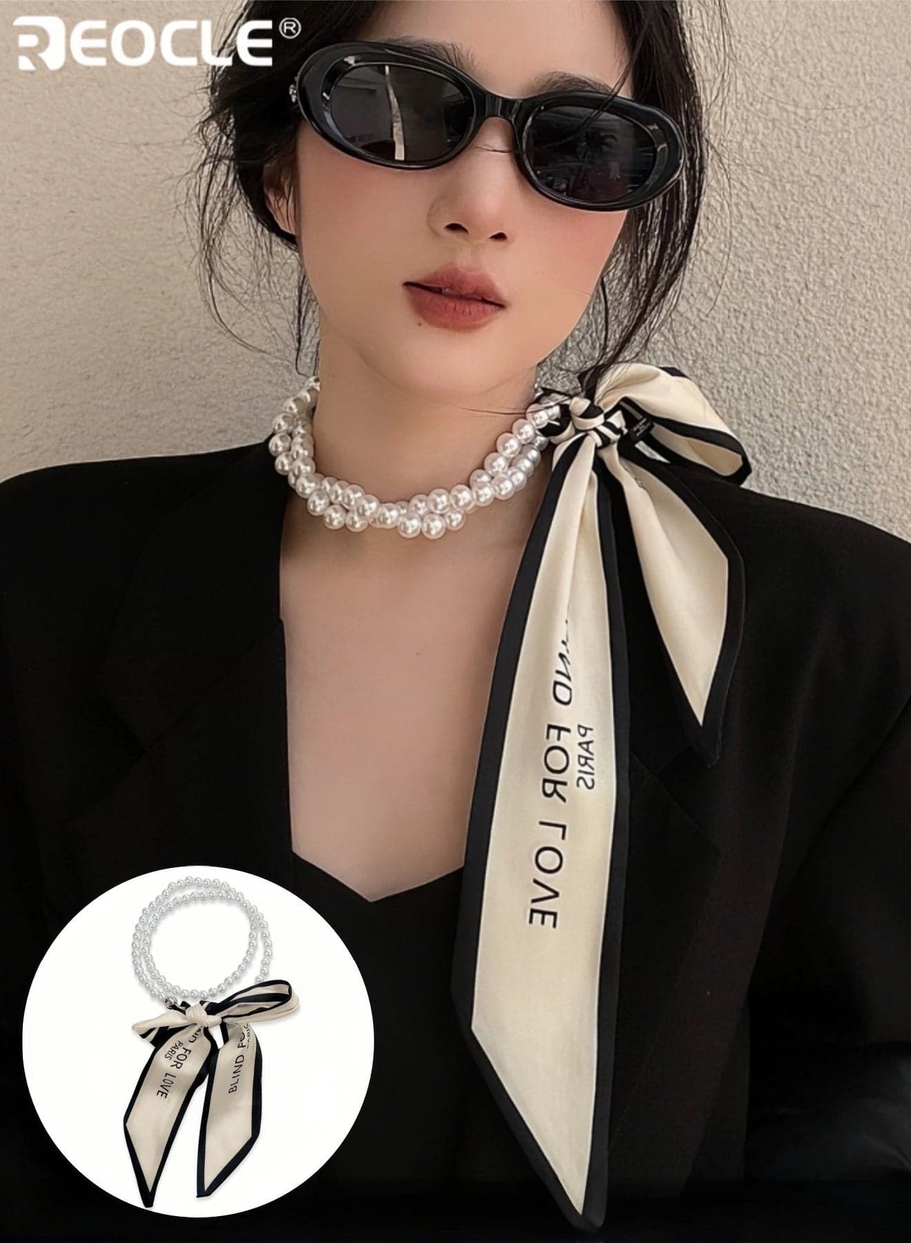 Women's Silk Scarf with Pearl Accent and Multi-Way Design Versatile Necklace with Luxurious Texture for Hair Bag Decoration