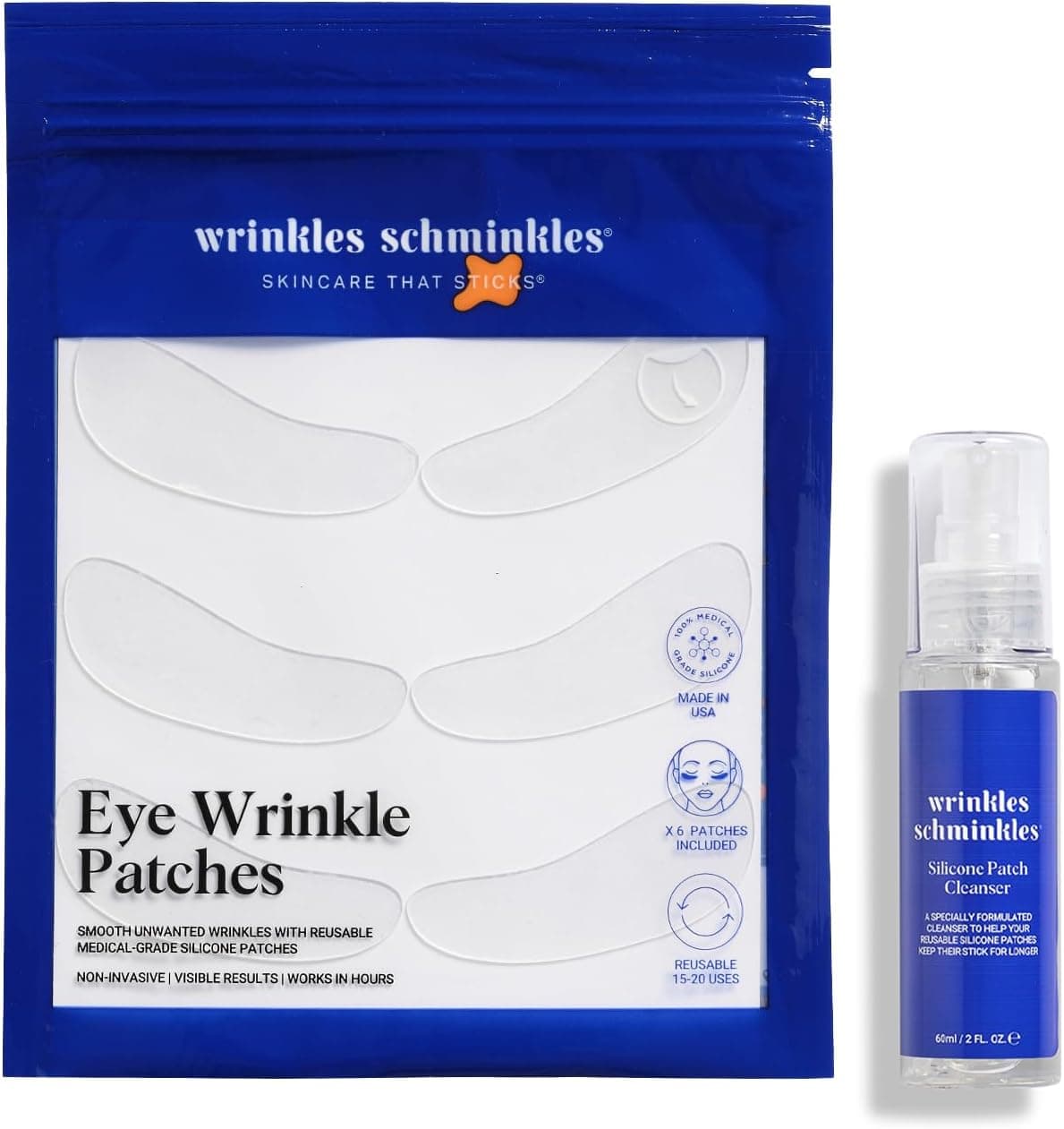 Wrinkles Schminkles Under Eye Wrinkle Starter Pack Set of Reusable Under Eye Wrinkle Patches 3 pairs Silicone Patch Cleanser 2 oz for Smoother Under Eyes Fresh Look