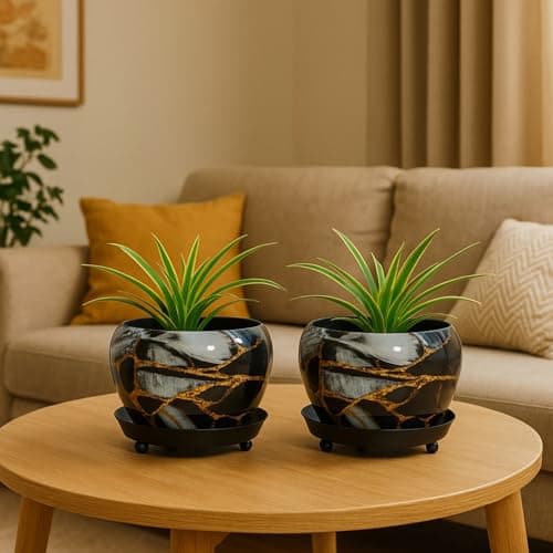 ecofynd 5 inches, Lily Black Metal Plant Pot with Saucer Plate | Indoor Outdoor Home Decor Item for Garden Plants Flower, Balcony, Patio, Living Room, Garden, Bedroom (Pack of 2, Black, POT029)