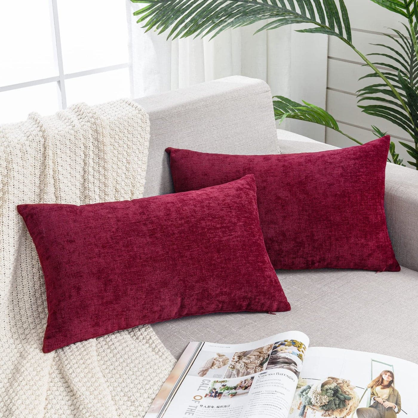 GAWAMAY Lumbar Decorative Throw Pillow Covers 12x20 Inch Set of 2 Super Soft Chenille Rectangle Pillowcase for Living Room Bedroom Sofa Couch Cushion Pillow Cover Burgundy Red 30x50cm ONLY COVERS