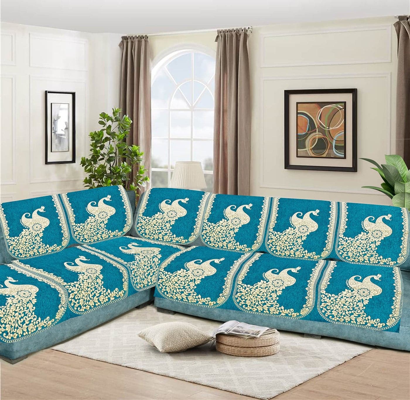 Dazzling DECOR L Shape Velvet Sofa Cover Set for Living Room Printed Sofa Back Slip Covers Panels 3 and 2 and 1 Seater Cover for Long Sofa Couch Slip,Aqua_2923