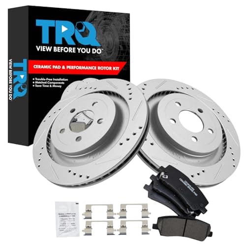TRQ Rear Brake Pad and Rotor Set Ceramic Drilled Slotted G Coated Rotors Compatible with 2015-2018 Ford Mustang
