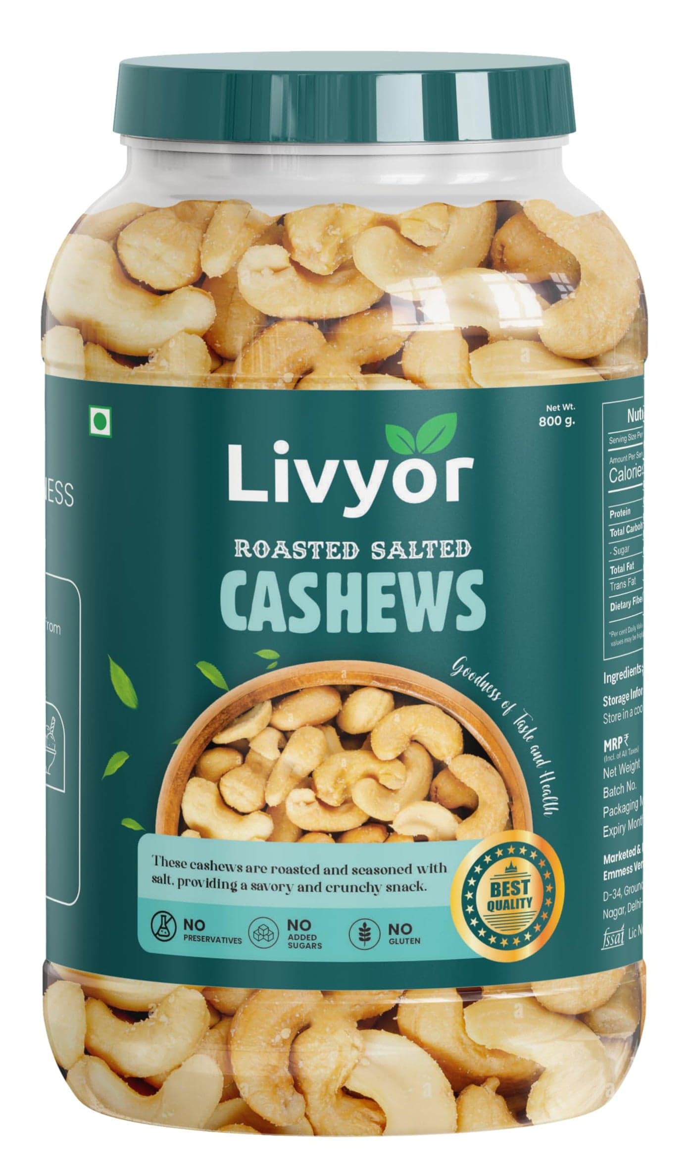 Livyor Roasted Cashews/kaju Nuts Dry fruits for eating - 800 gm | Super nutritious | Kaju dry fruits | Delicious | Healthy and Tasty | Cashews Whole | Salted | Pack of 1