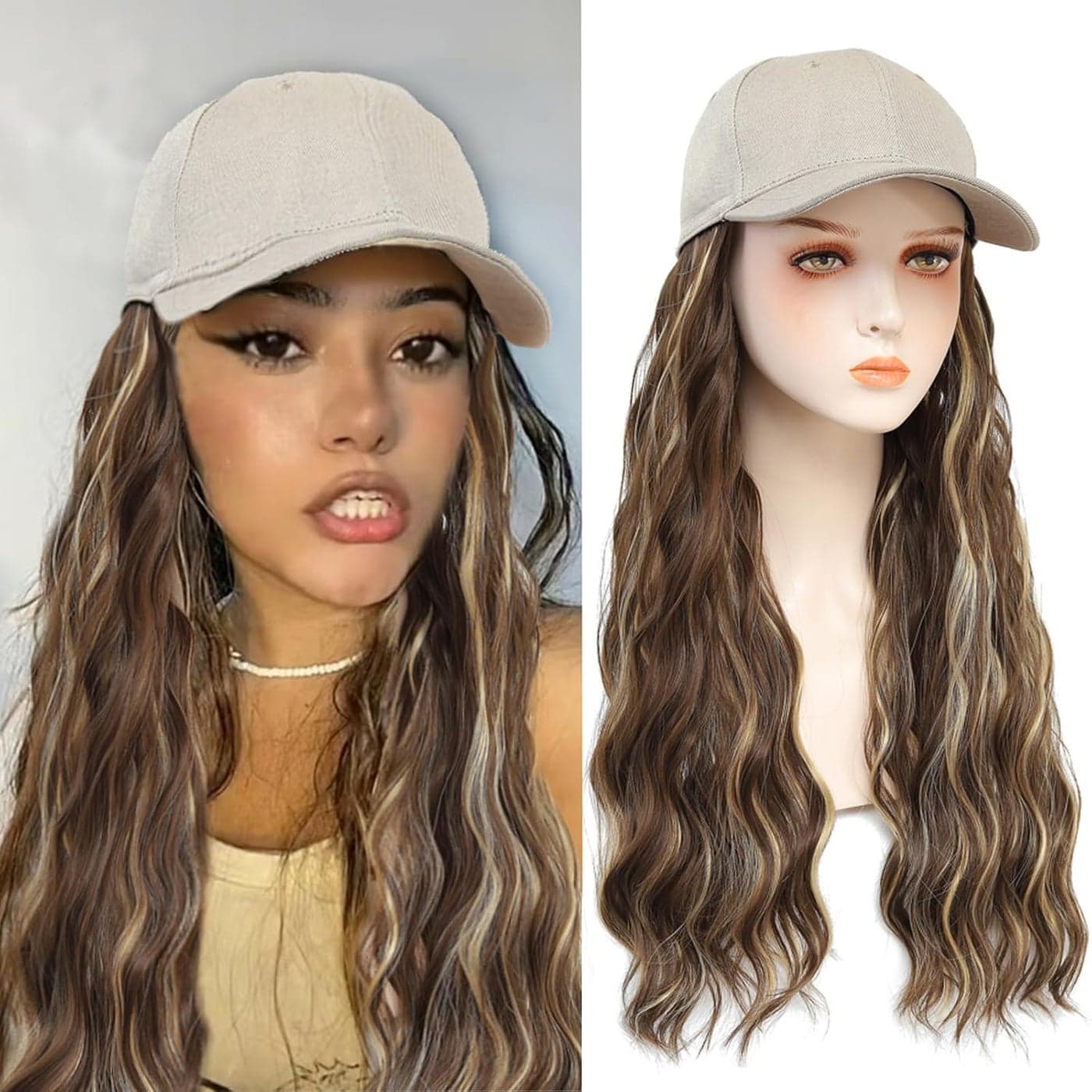 Baseball Cap Wig Long Natural Wavy Hair Extensions With Hat Heat Resistant Synthetic Fiber Hairpieces Adjustable Wig for Women GirlS Tbrown blonde