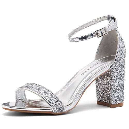 Shoe Land Women's Low Heels - 3-Inch Chunky Block Heeled Sandals with Ankle Strap | Open Toe Short Heels | Comfy Dressy Strappy Sandals for Wedding, Prom, Office, SilverGlitter, Size 10.0, Madeline