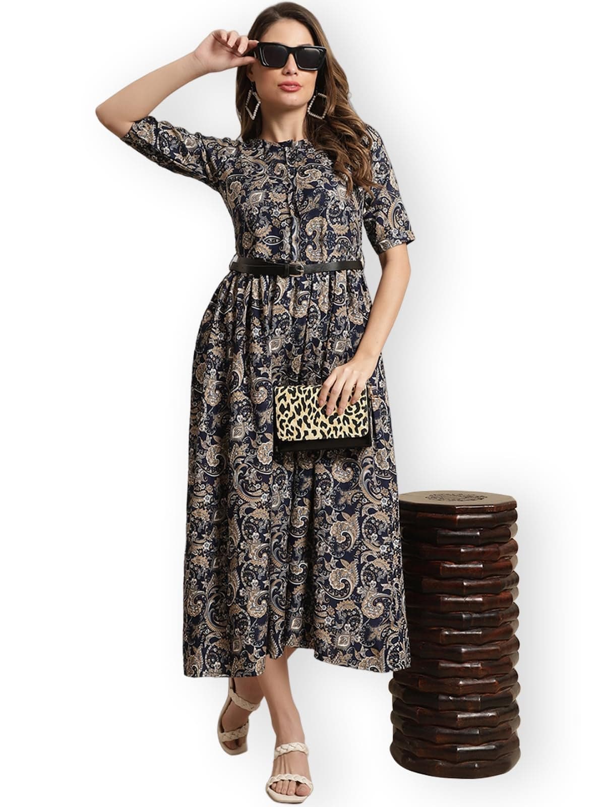 Preneum Women's Georgette Floral Printed 3/4 Slevees A-Line Fit & Flare Gown with Belt || Indo-Western Ethnic Gown || A-Line Maxi Dress Casual Wear, Navy Blue, 2XL