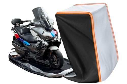 FJWDSC Full Enclosed Motorcycle Cover Waterproof Outdoor/Indoor Storage Waterproof Motorcycle Cover Heavy Duty with Reflective Strips Fits Scooter/Touring Motorcycles Length up to 108"(Black+Sliver)