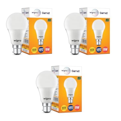 wipro Garnet 9W LED Bulb for Home & Office |Warm White (2700K) | B22 Base|220 Degree Light Coverage |4Kv Surge Protection |400V High Voltage Protection |Energy Efficient | Pack of 3