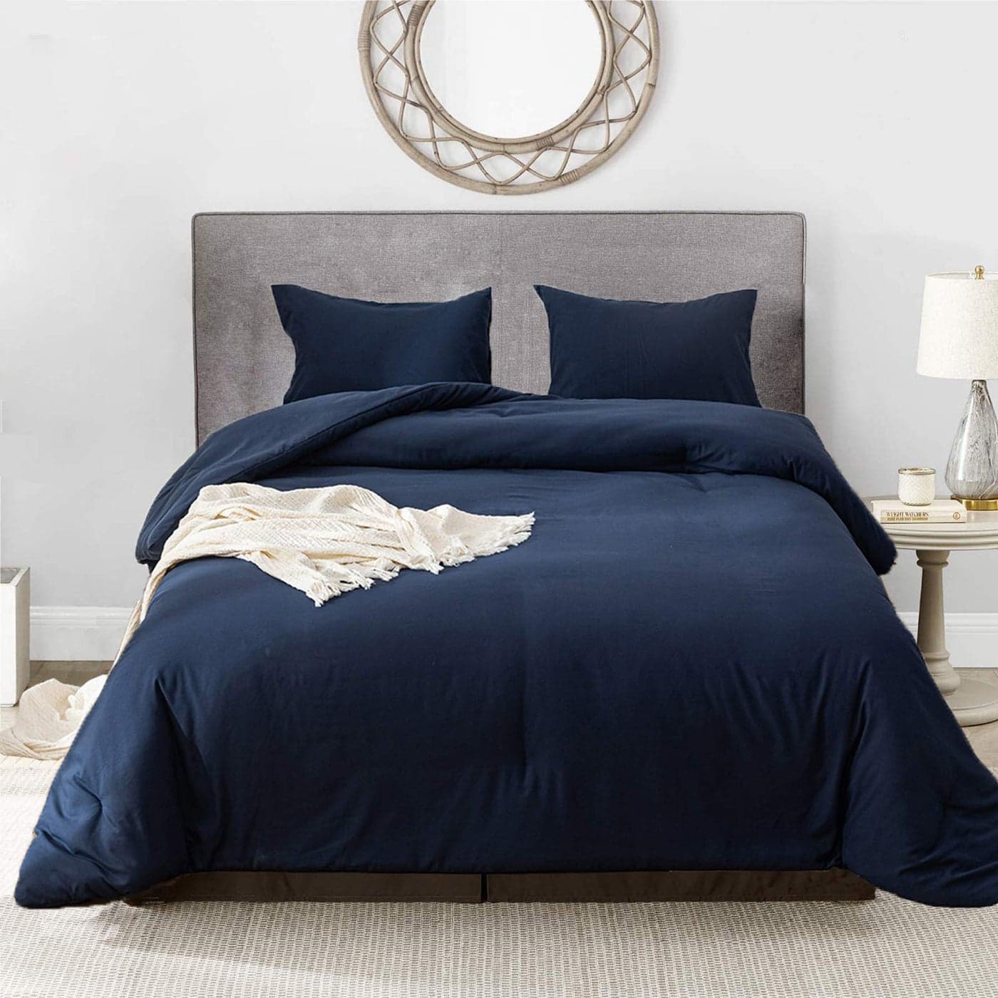 Luxlovery Navy Blue Comforter Set Full Men Boys Dark Blue Bedding Comforter Sets Navy Comfy Soft Blanket Quilts Cozy Breathable Solid Hotel Quality Bedding Comforter Set with 2 Pillowcase