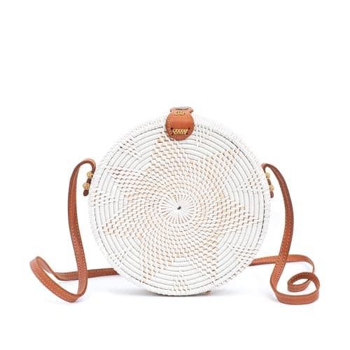 Novum Crafts Round Rattan Bag for Women - Handmade Rattan Straw Bags - Wicker Purse - Boho Bag - White Round Rattan Crossbody Beach Bags