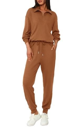 BTFBM Womens 2 Piece Tracksuit Fall Outfits 2025 Long Sleeve Half Zip Sweatshirt Sweatpants Lounge Set SweatsuitsSolid Dark KhakiSmall