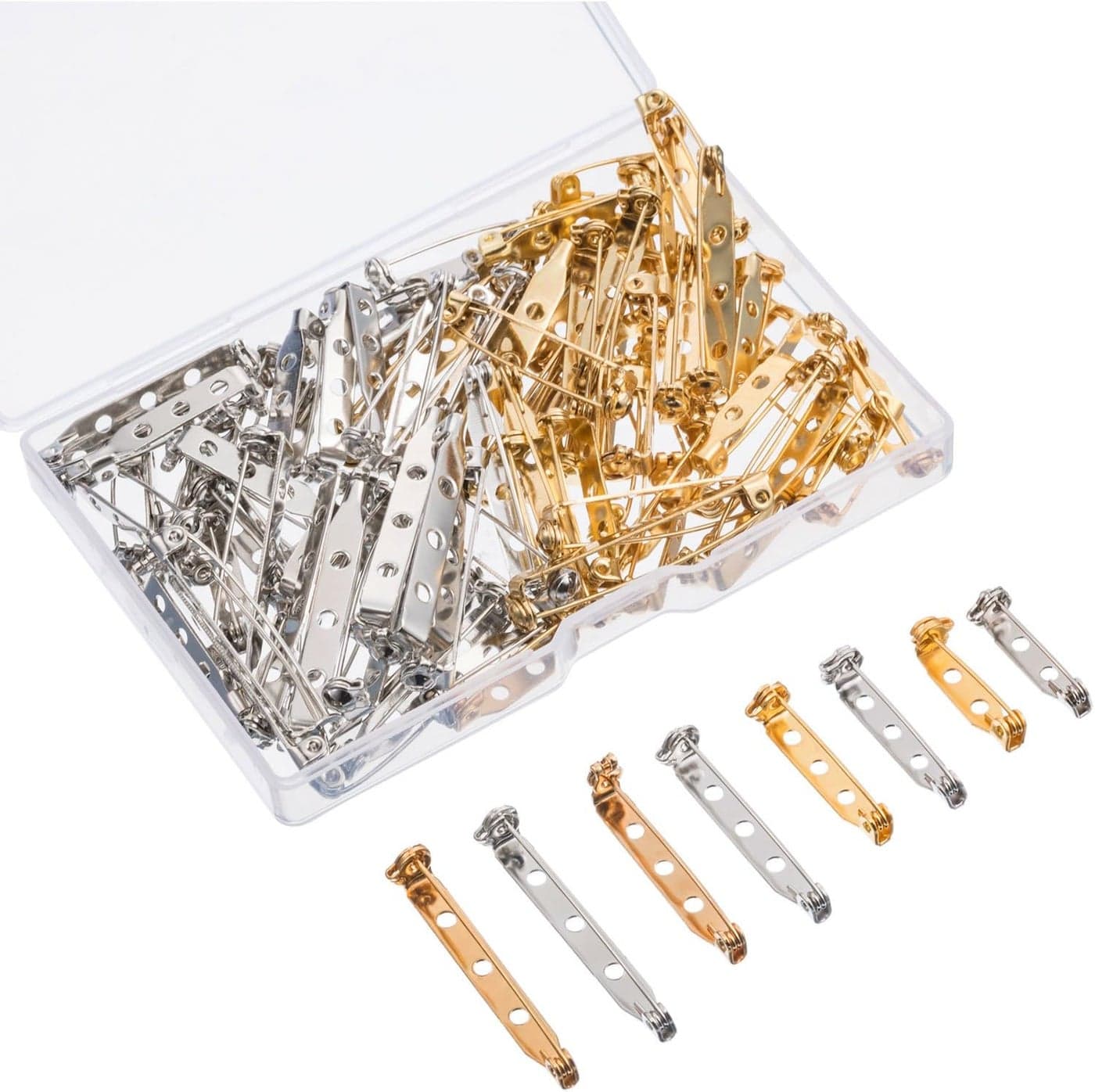 Shappy 100 Pieces Brooch Pin Backs Bar Pins Backs for Crafts Safety Clasp with Plastic Box Gold and Silver 4 Sizes 20253238 mm