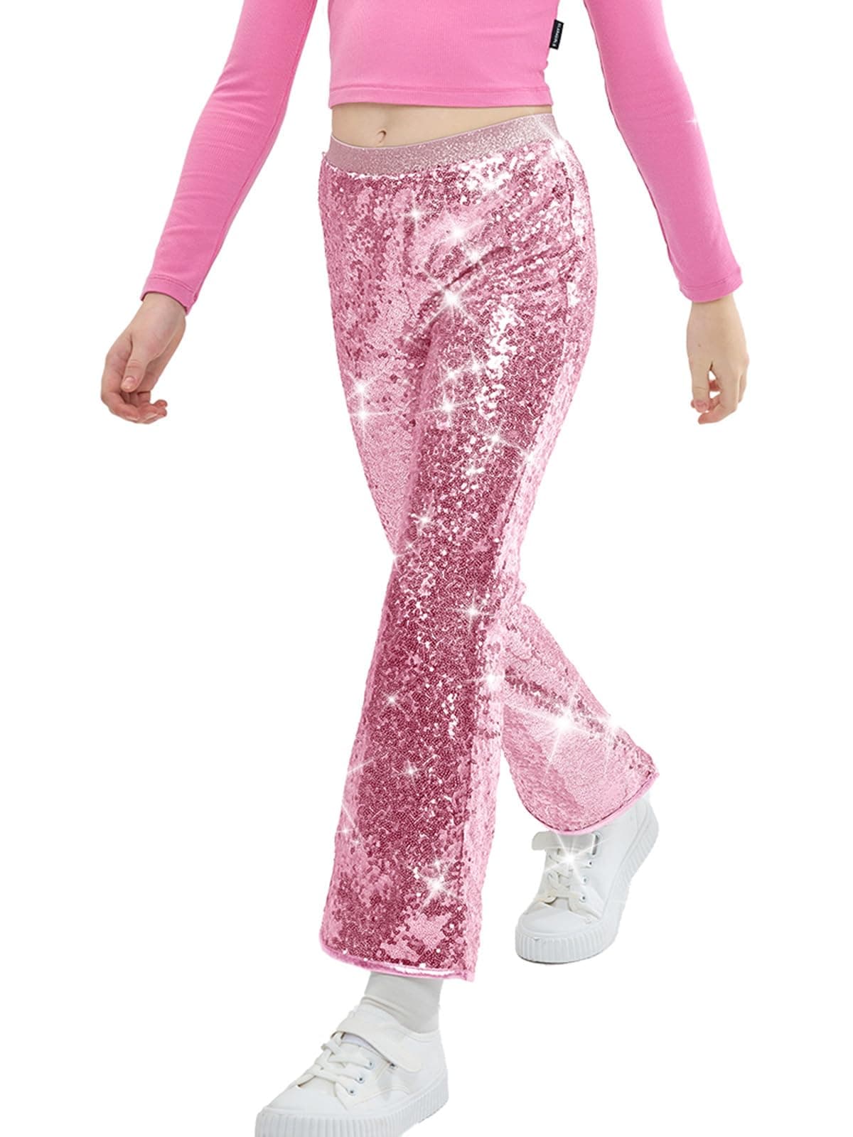 LOLANTA Girls Sequin Flare Pants Sparkle Bell Bottoms Kids Elastic Waist Glitter Disco Dance Trousers(Pink,6-7Y)