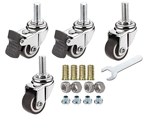 NERILEE 1'' Mute Swivel Rubber Wheel,with T nut M6x15mm Stem Threaded Mini Furniture Casters,Load 90Lbs, for Workbench, Table, Cabinet,Coffee Table of Hardwood Floors
