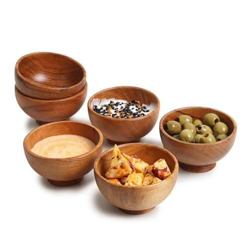 LAVAUX DESIGNS Set of 6 Acacia wood small bowls, 4 fl oz 3.2 * 2 inches | Hand carved small dipping bowls for sauce, salsa. Little bowls for ingredient prep, spices | Charcuterie boards accessories