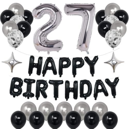 NANINUNENO 27th Black Silver Birthday Party Decorations for Men Women Happy 27 Birthday Party Supplies with Black Happy Birthday Banner Silver Foil Stars Happy Birthday Balloons for 27th Birthday