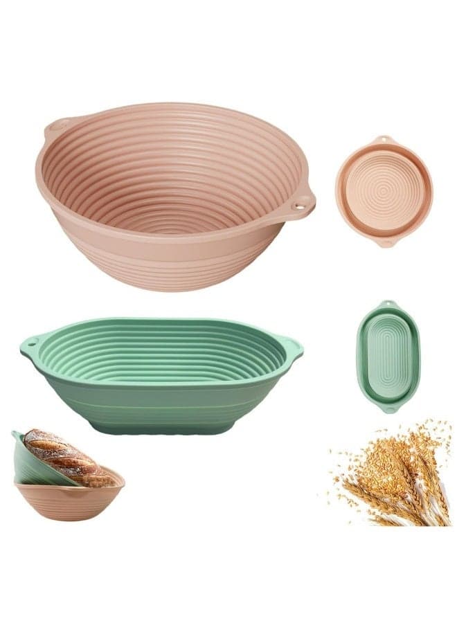 Silicone Banneton Basket,9 inch Silicone Bread Proofing Basket,2 Pack Sourdough Baking Supplies Collapsible Proofing Bowl for Home Baking Beginners making (Round Pink+Oval Green)