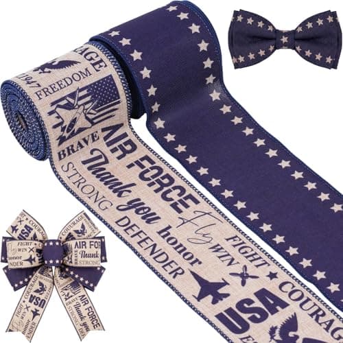 YKW Air Force Decorations Ribbon 25 Navy Blue Burlap Wired Edge Military Ribbons 2 Rolls 10 Yards for Wreath Bow Making Memorial Veterans Day DIY Patriotic Decorations