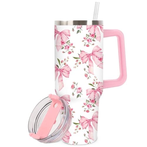 JarThenaAMCS 40oz Spring Coquette Pink Bow Tumbler with Handle Lid and Straw Watercolor Floral Bowknot Tumbler Pink White Flower Stainless Steel Cup for Women Friend Valentine Holiday Birthday Travel