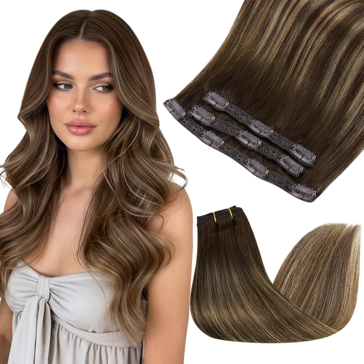 Sunny Hair Clip in Hair Extensions Straight Human Hair Clip in Extensions Remy Clip in Hair Extensions Real Human Hair Extensions Clip ins Dark Brown Balayage Blonde 4274 14inch