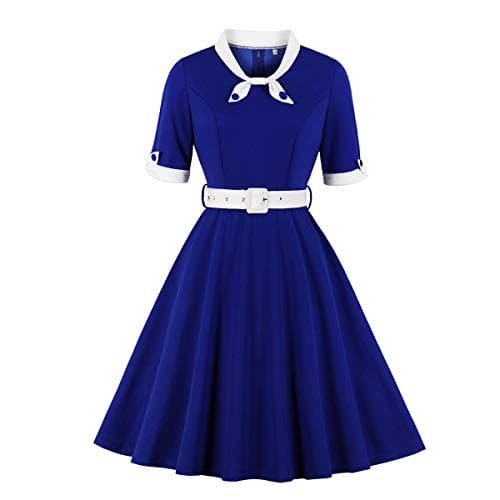 IWEMEK Women 1/2 Sleeve Sailor Tie Neck 1940 Vintage Dress 50s Audrey Hepburn Rockabilly Cocktail Swing Dress 1950s Tea Party Dress with Belt Pleated Wedding Prom Formal Evening Gown Royal Blue L