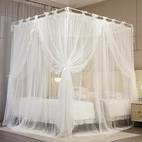 NXGIO 4 Corners Post Princess Curtain Bed Canopy Lace Up Double Layer 4 Opening Mosquito Net Mesh for Girls Bedroom Decoration(White, 78" W*86" L*82" H/King)