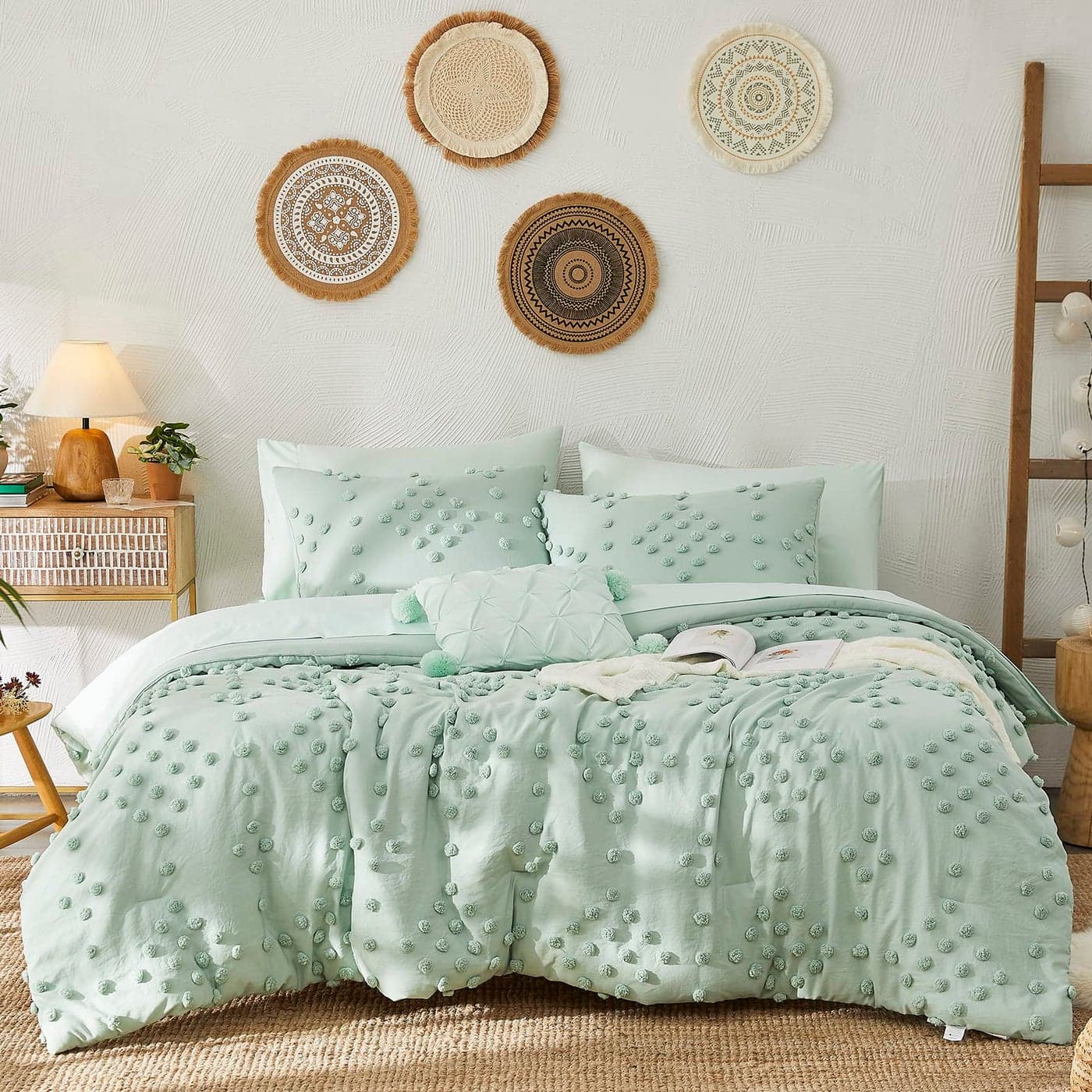 Geniospin Sage Green Full Comforter Set for Girls 7 Pieces Pom Tufted Bed in A Bag Twin Bedding Sets with Sheets Pillowcases Shams All Season Kids Comforter Set