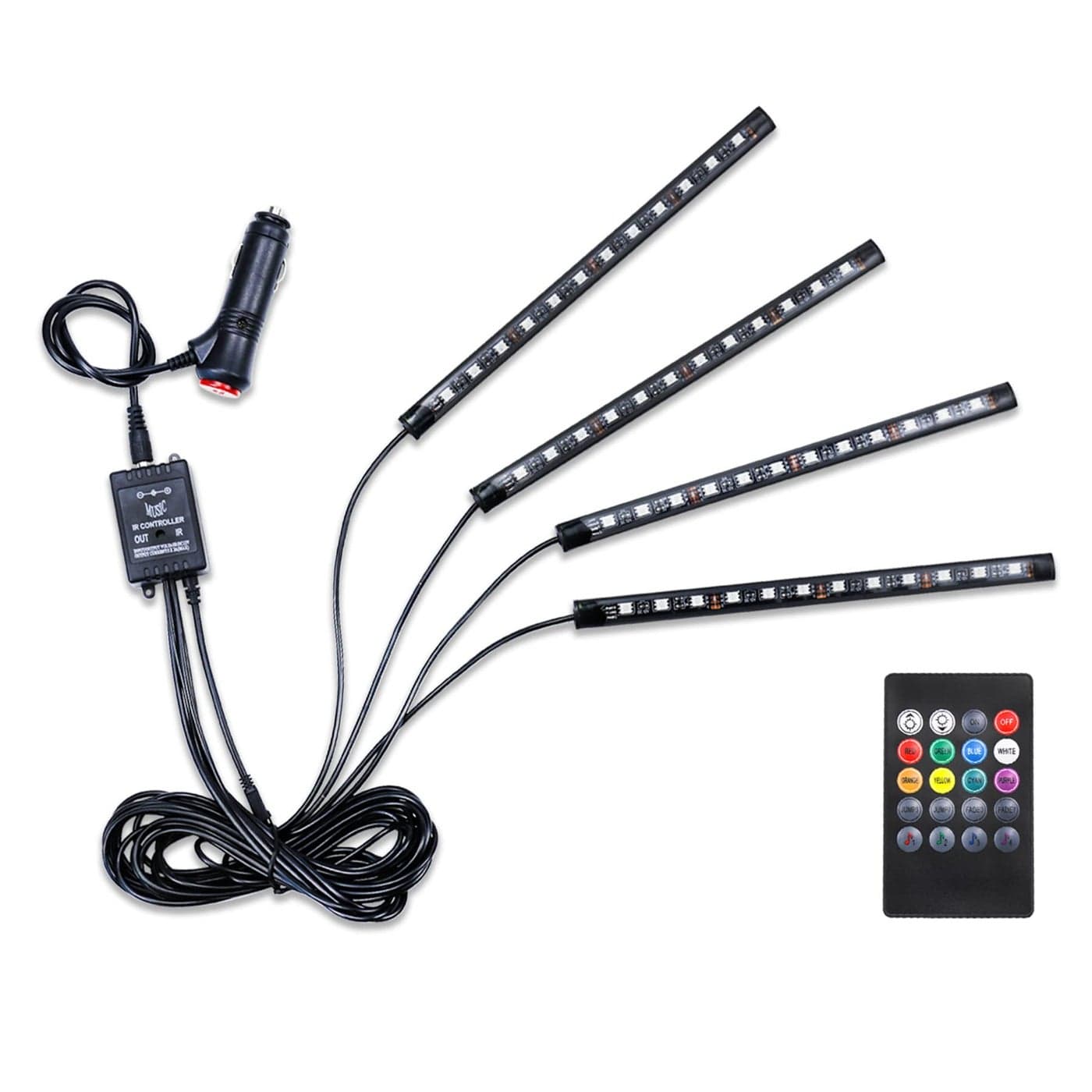 LivTee Car Led Interior Lights4pcs 48 LED Multicolor Music Car Interior Accessories Under Dash Lighting Waterproof Kit with Sound Active Function and Wireless Remote Control Car Charger Included