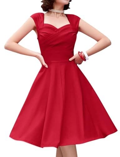 MUXXN Women's 1950s Vintage Retro Capshoulder Party Swing Dress (M, Red)