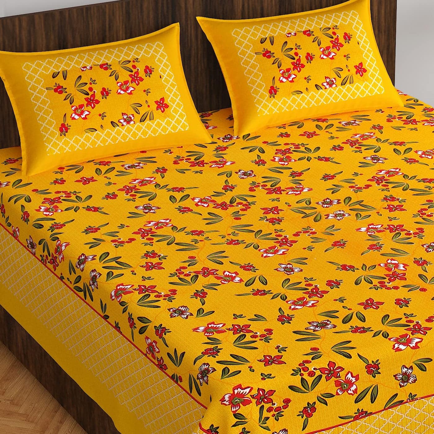 UNIBLISS Jaipuri Traditonal Sanganeri Print 144 TC Cotton Double Bedsheet with 2 Pillow Covers Double B1 Yellow