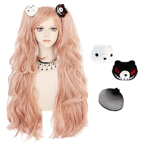 JoneTing Junko Enoshima Cosplay Wig【+2 Bears +1 Hair Cap】 Light Pink Wig for Anime Cosplay Women Costume Long Pink Wavy Wigs with Ponytails Pink Hair for Halloween Christmas Peluca Rosa Claro