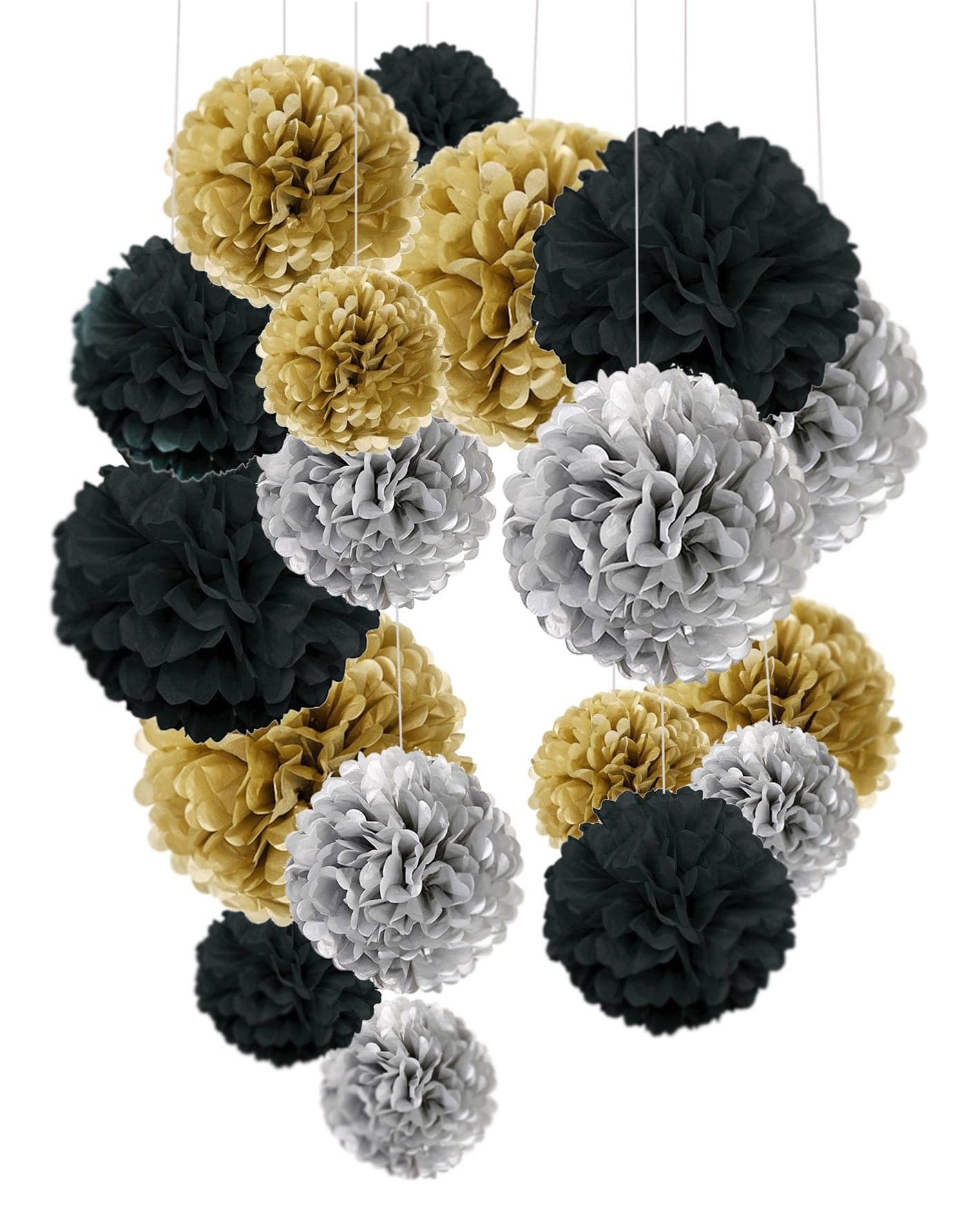 Tissue Paper Pom Poms, Recosis Paper Flower Ball for Birthday Party Wedding Baby Shower Bridal Shower Festival Decorations 18 Pcs - Black, Gold and Silver