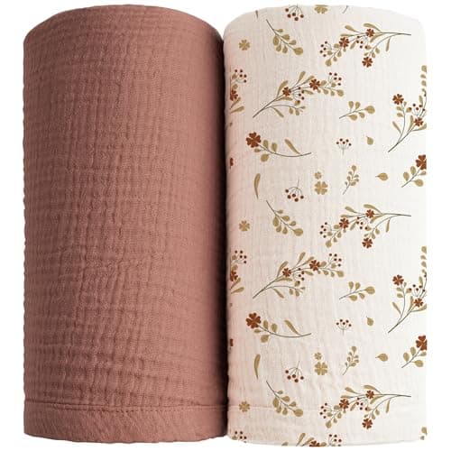 Konssy Muslin Swaddle Blankets for Boys Girls, 2 Pack Receiving Baby Blanket Large 47 x 47 inches, Soft Breathable Swaddling Wrap for Unisex Newborn (Chestnut, Posy)