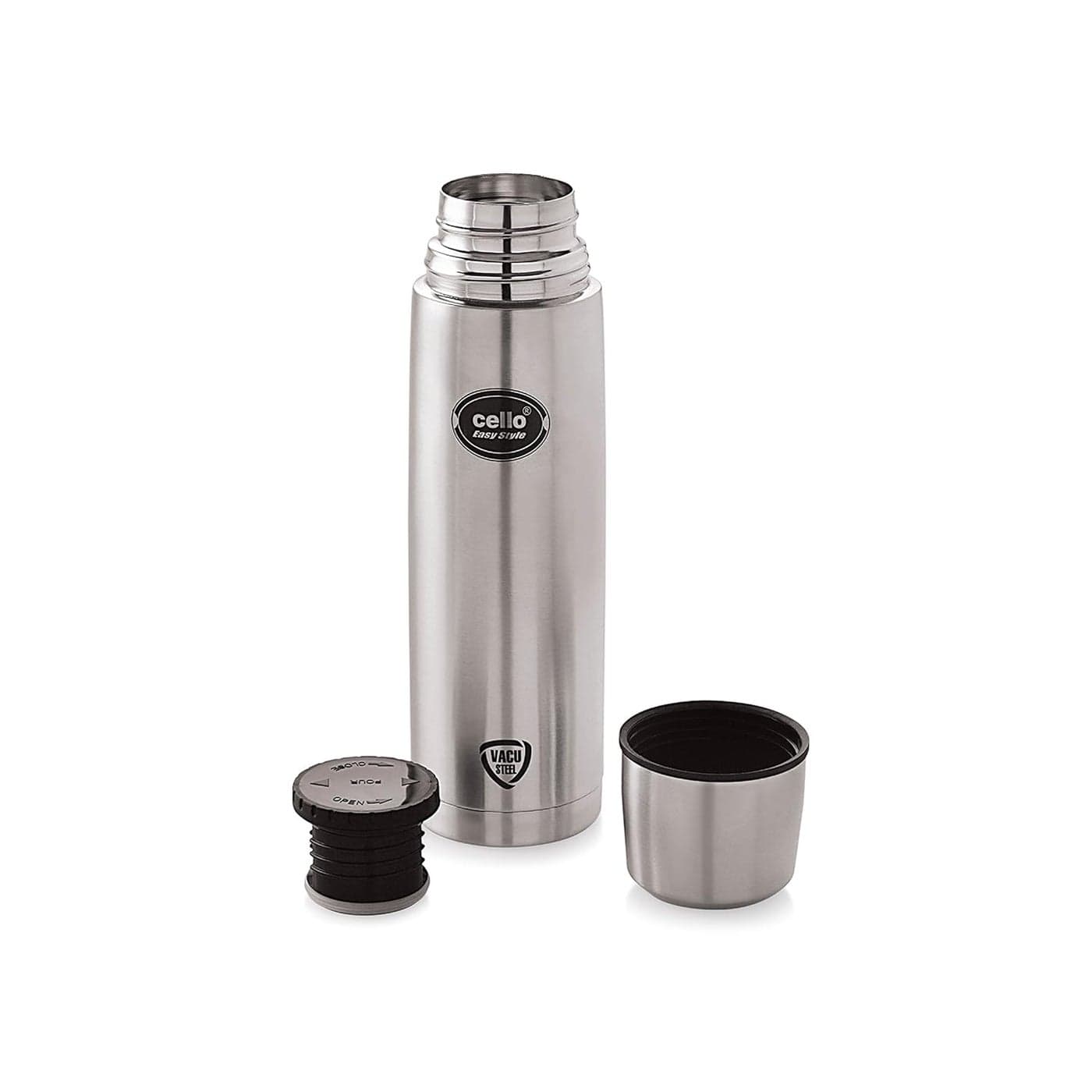 Cello Easystyle Stainless Steel Vacuum Insulated Flask with Jacket 1000ml | Hot and Cold Water Bottle with Screw lid | Double Walled Silver Bottle for Home, Office, Travel | Steel Thermos Bottle 1L
