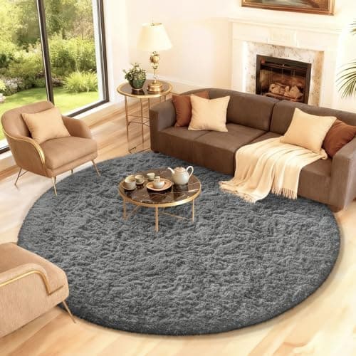 Ophanie Round Rug 7Ft Grey Circle Area Rugs, Large Fluffy Fuzzy Living Room Carpet 7 foot, Plush Shag Solid indoor Floor Gray Bedroom Christmas Circular Aesthetic Decor for Kids Teen Boys Baby,Nursery