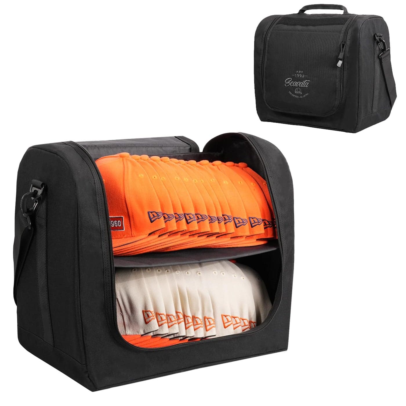 SCAVATA Large Hat Bag for Baseball Caps Hat Organizer Bag for Traveling Moving Storing Snapback Cap Portable Hat Carrier Holder Case for 2024 Caps Black