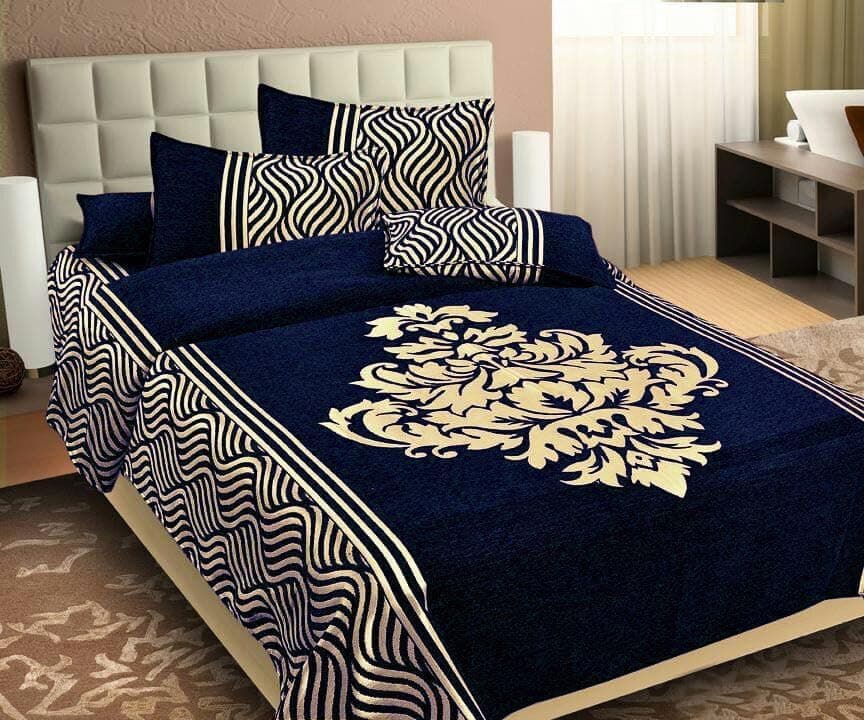 FRESH FROM LOOM Chenille Velvet Floral 500 TC Heavy Bedsheet for Double Bed King Size - 90 x 100 inch Blue Color with 2 Pillow Cover