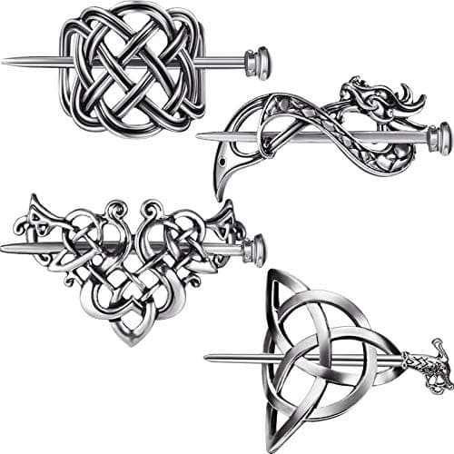 4 Pieces Celtic Viking Hairpins Vintage Celtic Knot Hair Sticks Retro Silver Alloy Hair Clips Barrette Halloween Cosplay Jewelry Accessories for Women Girls