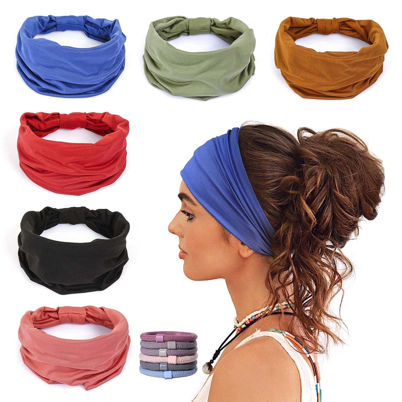GILI 6 Pack Wide Headbands for Women Non Slip Soft Elastic Hair Bands Yoga Running Sports Workout Gym Head Wraps Knotted Cotton Cloth African Turbans Bandana with 6 Pcs Hair Ties