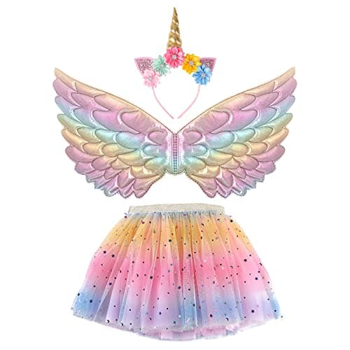 Creatoy Unicorn-Costume for Girls with unicorn rainbow tutu Toddler Rainbow Fairy Wings Princess Unicorn Birthday Party Supplies Halloween Favors